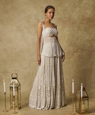 Grey heavy embroidered gharara with tunic and blouse 5