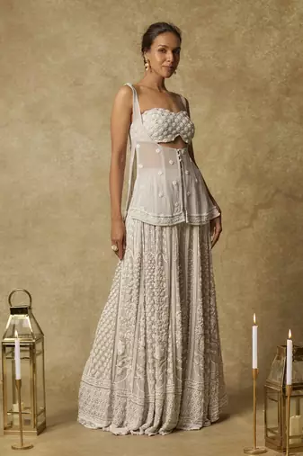 Grey heavy embroidered gharara with tunic and blouse