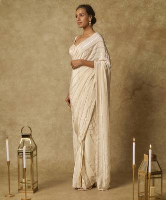 Butter yellow heavy embroidered pre-stitched saree with embroidered blouse 5
