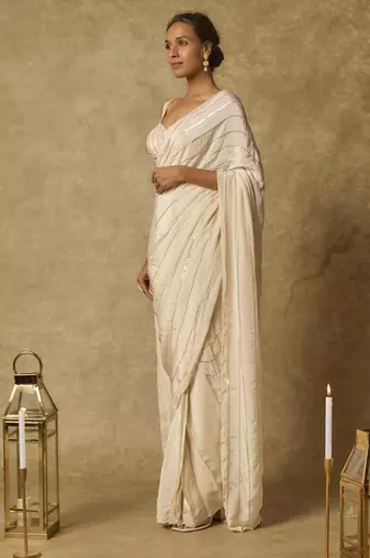 Butter yellow heavy embroidered pre-stitched saree with embroidered blouse
