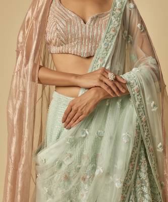 Mint Heavy Embroidered Lehenga Set With Two Dupatta 3