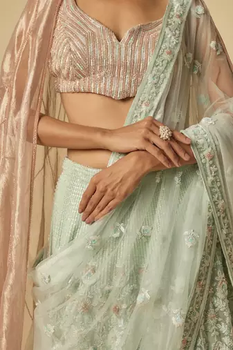 Mint Heavy Embroidered Lehenga Set With Two Dupatta