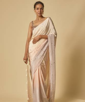 Beige to lilac ombre sequin embroidered pre-stitched saree with embroidered blouse 1