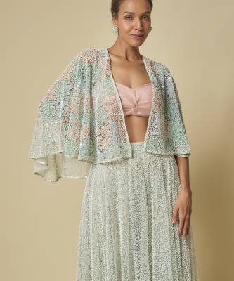 Mint heavy gharara pant with peach blouse and mint embroidered cape 2