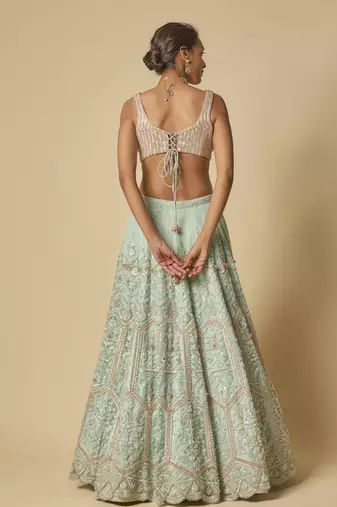 Mint Heavy Embroidered Lehenga Set With Two Dupatta