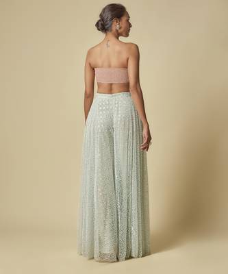 Mint heavy gharara pant with peach blouse and mint embroidered cape 4