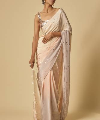 Beige to lilac ombre sequin embroidered pre-stitched saree with embroidered blouse 2