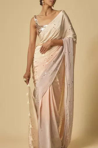 Beige to lilac ombre sequin embroidered pre-stitched saree with embroidered blouse