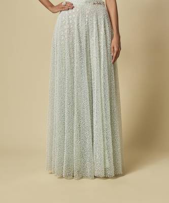 Mint heavy gharara pant with peach blouse and mint embroidered cape 5