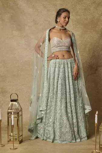 Mint Heavy Embroidered Lehenga Set