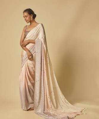 Beige to lilac ombre sequin embroidered pre-stitched saree with embroidered blouse 3