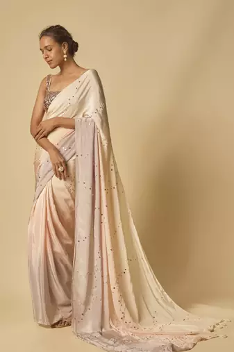 Beige to lilac ombre sequin embroidered pre-stitched saree with embroidered blouse