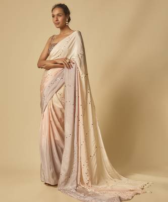 Beige to lilac ombre sequin embroidered pre-stitched saree with embroidered blouse 4
