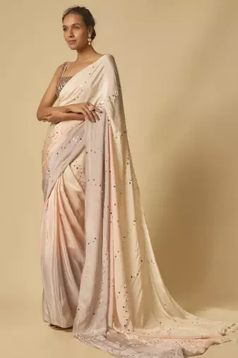 Beige to lilac ombre sequin embroidered pre-stitched saree with embroidered blouse