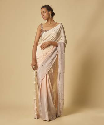 Beige to lilac ombre sequin embroidered pre-stitched saree with embroidered blouse 5