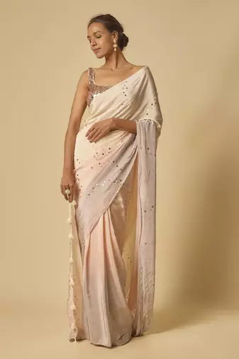 Beige to lilac ombre sequin embroidered pre-stitched saree with embroidered blouse