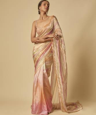 Multi colour embroidered tissue and ombre pre-stitched saree with embroidered blouse 1