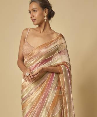 Multi colour embroidered tissue and ombre pre-stitched saree with embroidered blouse 2