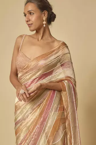 Multi colour embroidered tissue and ombre pre-stitched saree with embroidered blouse