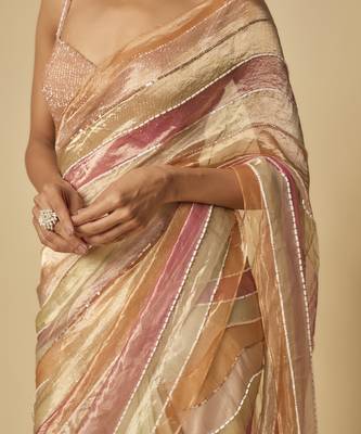 Multi colour embroidered tissue and ombre pre-stitched saree with embroidered blouse 3