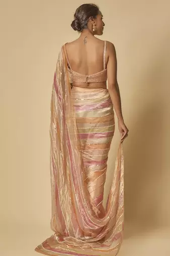 Multi colour embroidered tissue and ombre pre-stitched saree with embroidered blouse