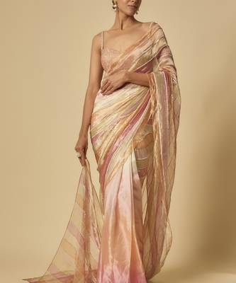 Multi colour embroidered tissue and ombre pre-stitched saree with embroidered blouse 5