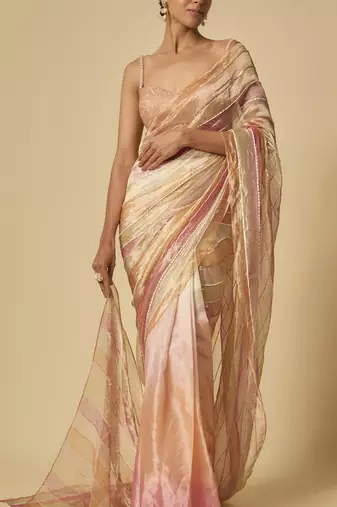 Multi colour embroidered tissue and ombre pre-stitched saree with embroidered blouse