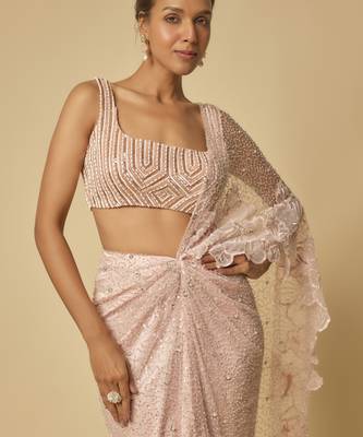 Pink heavy embroidered pre-stitched drape saree with embroidered blouse 2