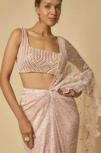 Pink heavy embroidered pre-stitched drape saree with embroidered blouse