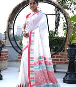 Women's white bangalore silk hand weaving saree