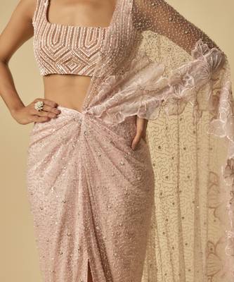 Pink heavy embroidered pre-stitched drape saree with embroidered blouse 3