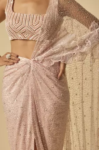 Pink heavy embroidered pre-stitched drape saree with embroidered blouse
