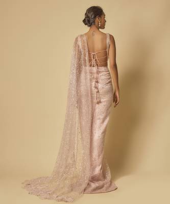Pink heavy embroidered pre-stitched drape saree with embroidered blouse 4