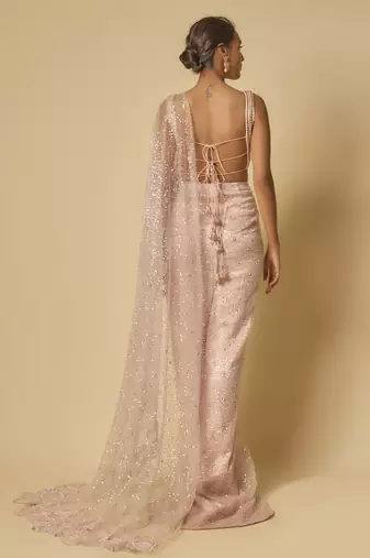 Pink heavy embroidered pre-stitched drape saree with embroidered blouse