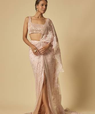 Pink heavy embroidered pre-stitched drape saree with embroidered blouse 5