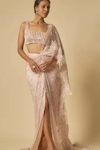Pink heavy embroidered pre-stitched drape saree with embroidered blouse