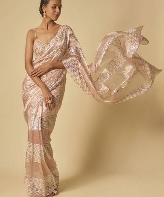 Pink tissue and.sequin block pre-stitched saree with embroidered blouse 1