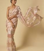 Pink tissue and.sequin block pre-stitched saree with embroidered blouse
