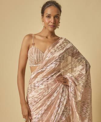 Pink tissue and.sequin block pre-stitched saree with embroidered blouse 2