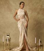 Beige brocade embroidered corset drape gown