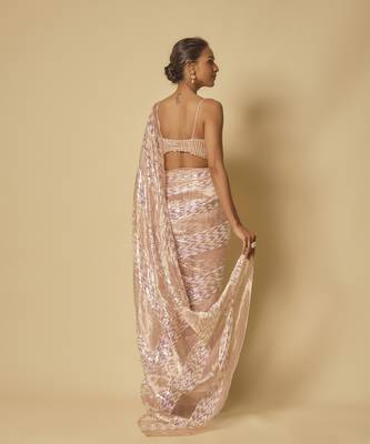 Pink tissue and.sequin block pre-stitched saree with embroidered blouse 4