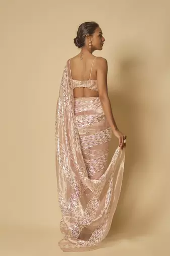 Pink tissue and.sequin block pre-stitched saree with embroidered blouse