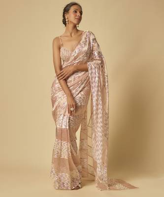Pink tissue and.sequin block pre-stitched saree with embroidered blouse 5