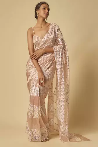 Pink tissue and.sequin block pre-stitched saree with embroidered blouse