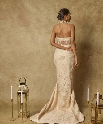 Beige brocade embroidered corset drape gown 4