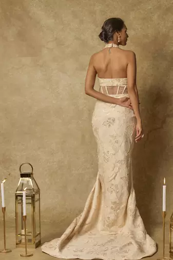 Beige brocade embroidered corset drape gown