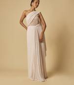 Baby pink heavy embroidered corset pre-stitched gown saree