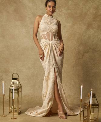 Beige brocade embroidered corset drape gown 5