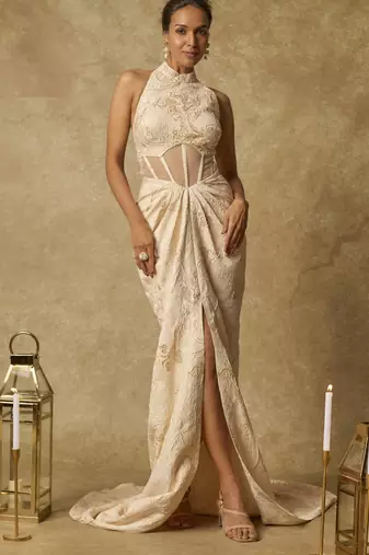 Beige brocade embroidered corset drape gown