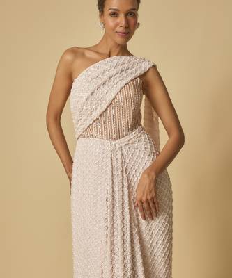 Baby pink heavy embroidered corset pre-stitched gown saree 2